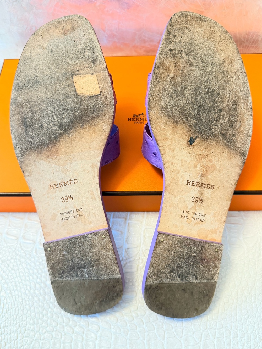 Hermes Oran sandals slides slippers lavender ostrich leather Size 39,5 ( 9,5) - Picture 13 of 16